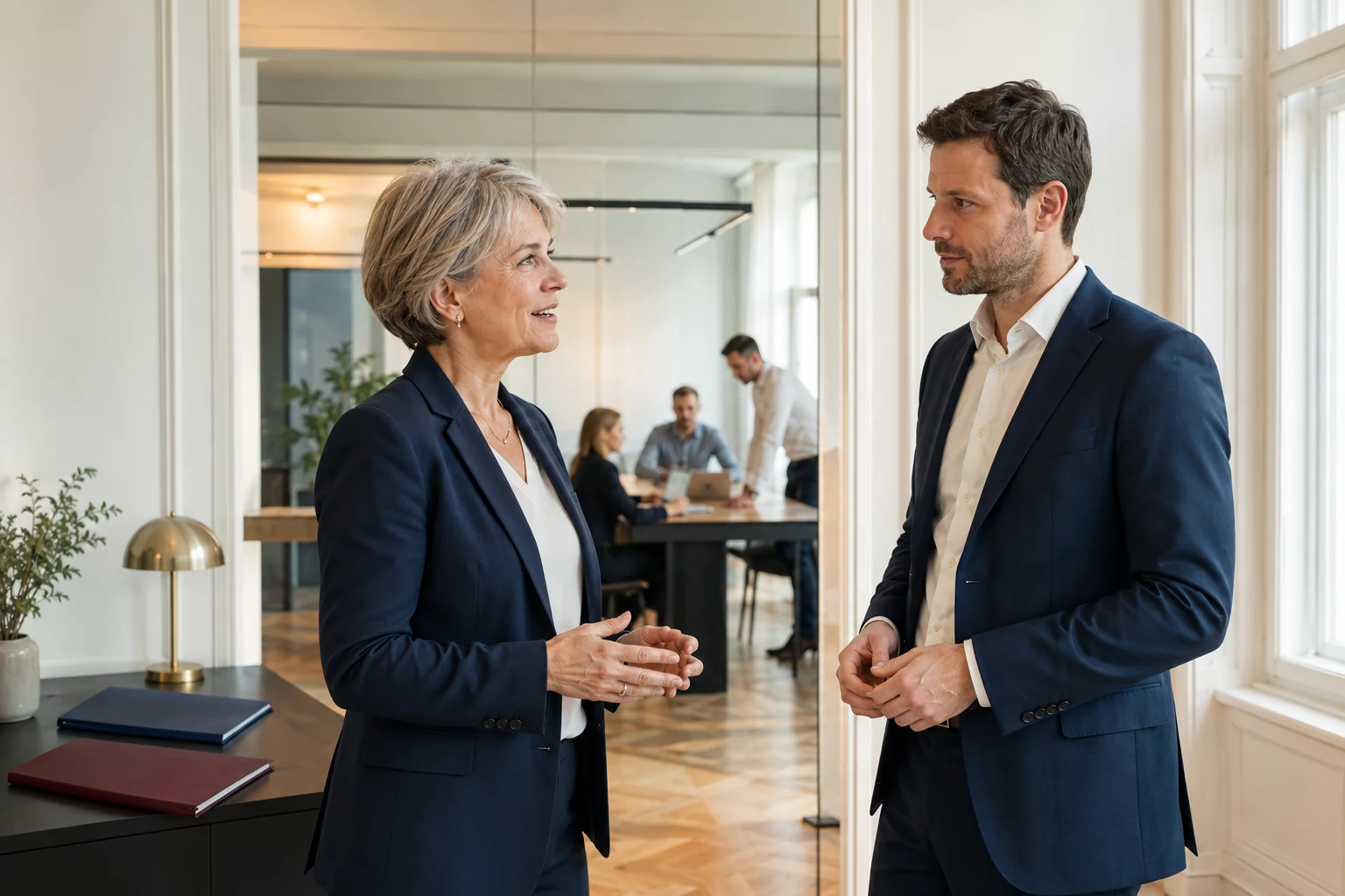 Unternehmer besprechen Produkte und Vertriebsunterlagen eines Lizenzbetriebs